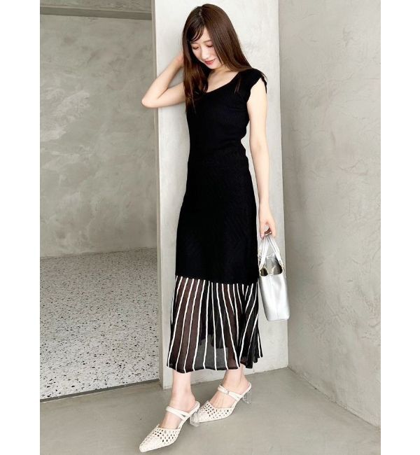 MERCURYDUO「バイカラーシースルーヘムニットワンピース」|ワンピース|