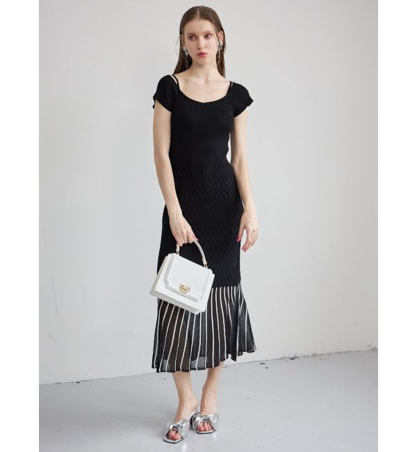 MERCURYDUO「バイカラーシースルーヘムニットワンピース」|ワンピース|