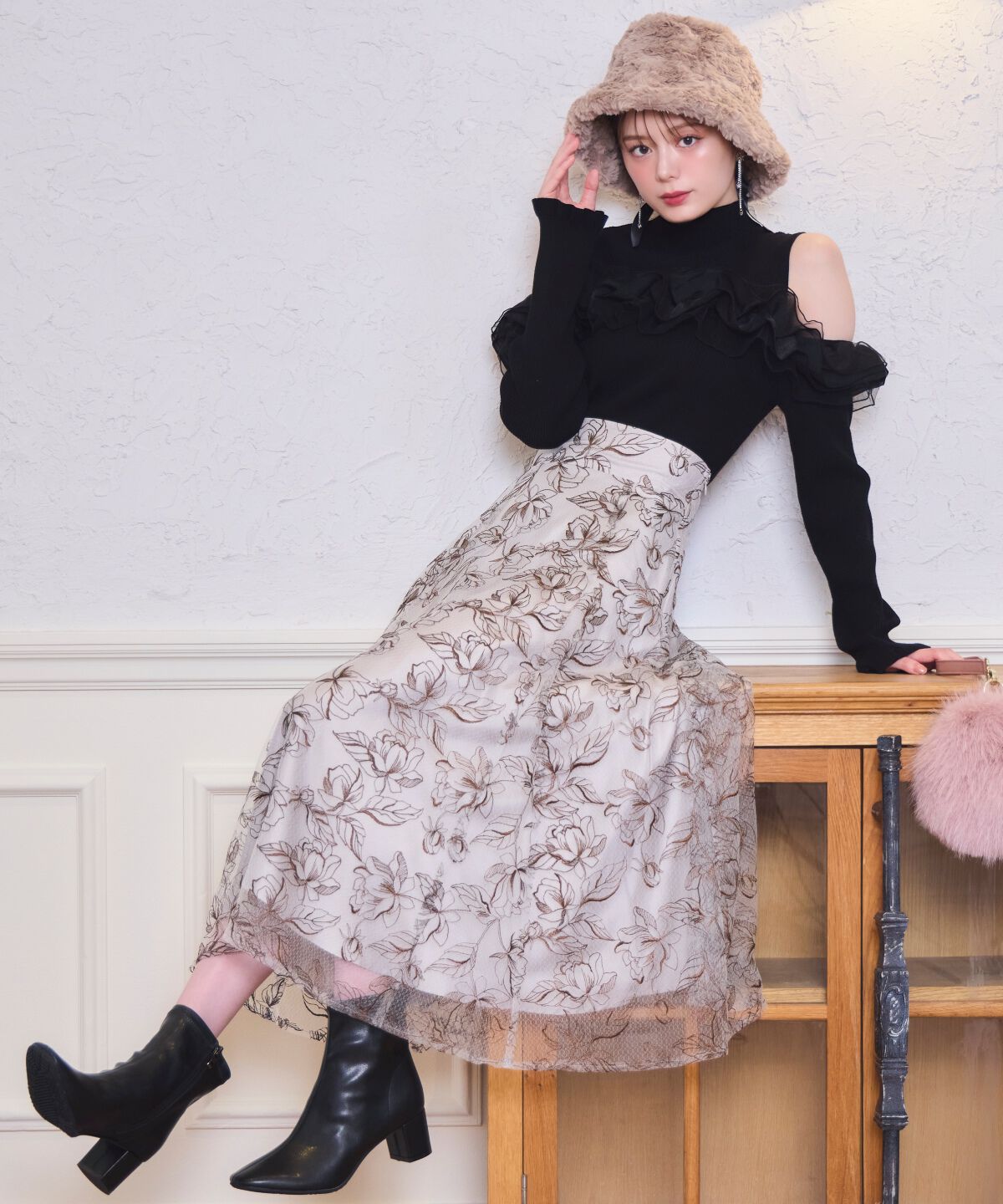 WILLSELECTION「ラインフラワー刺繍スカート」|フレア|