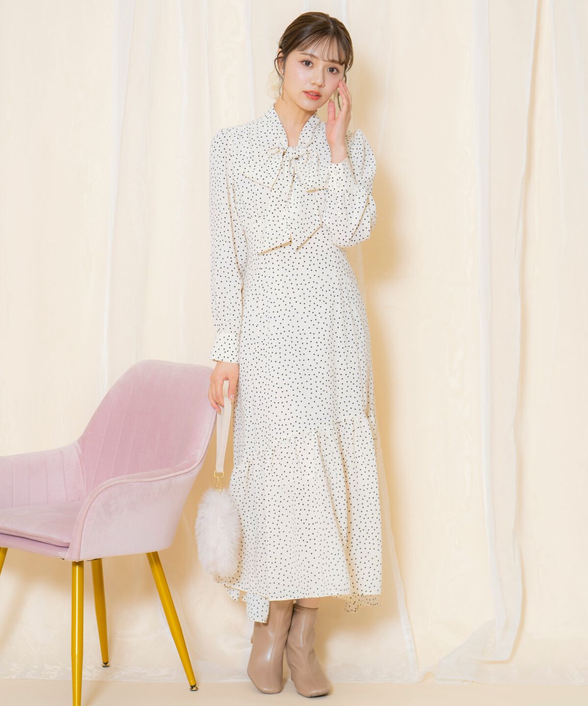 WILLSELECTION「ドット柄ギャザーヘムボウタイワンピース」|ワンピース|