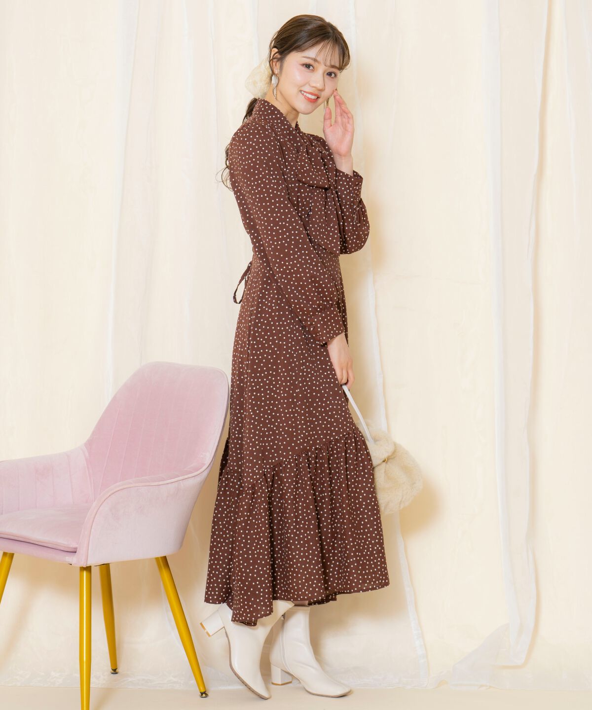 WILLSELECTION「ドット柄ギャザーヘムボウタイワンピース」|ワンピース|