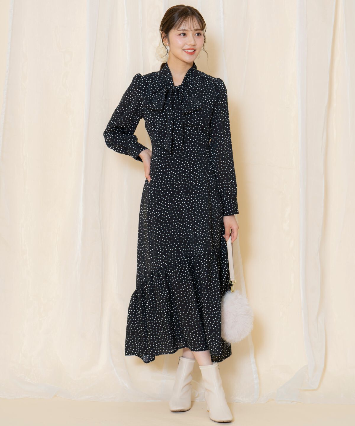 WILLSELECTION「ドット柄ギャザーヘムボウタイワンピース」|ワンピース|