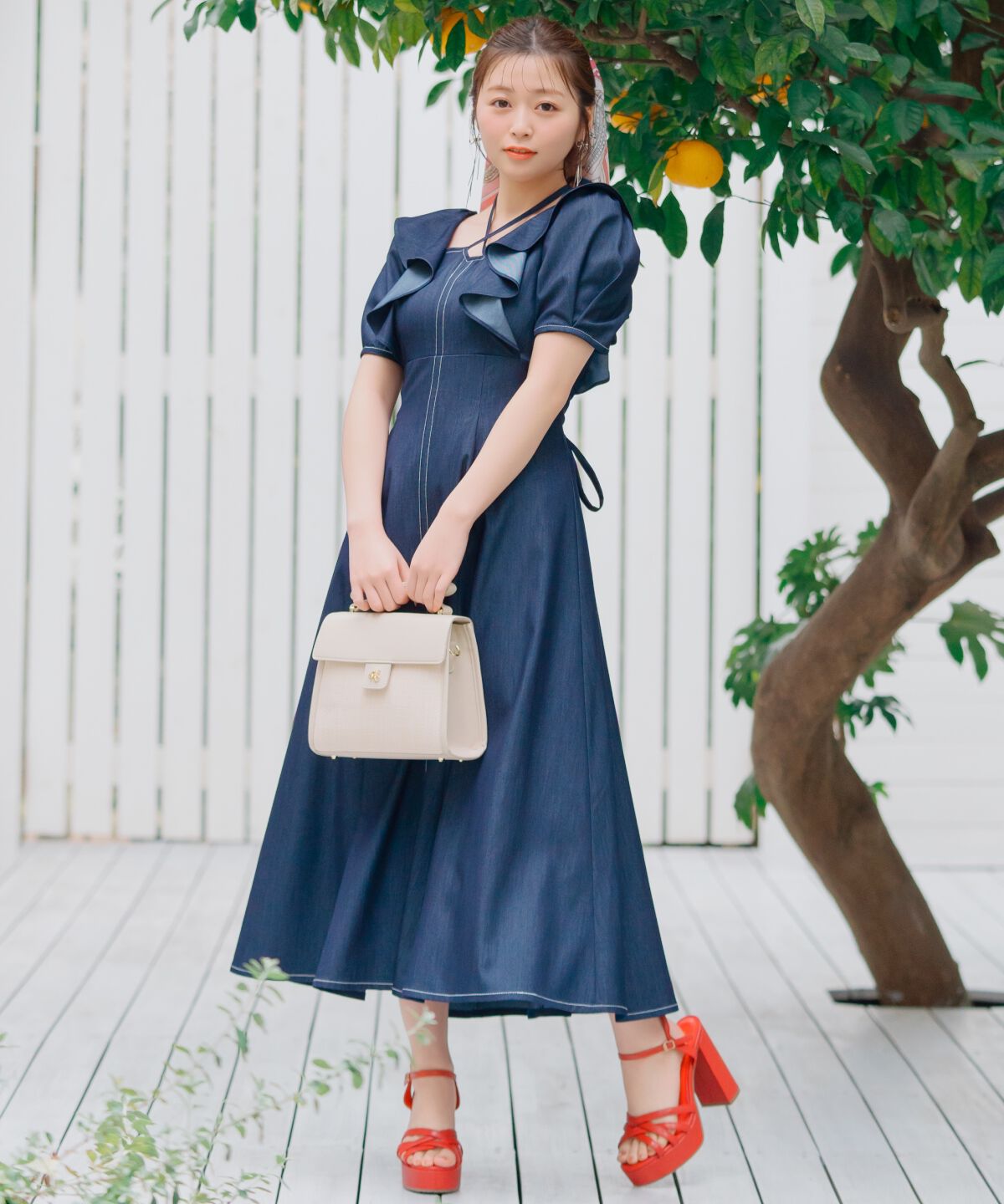 WILLSELECTION「クロスネックラッフルフリルワンピース」|ワンピース|ネイビー