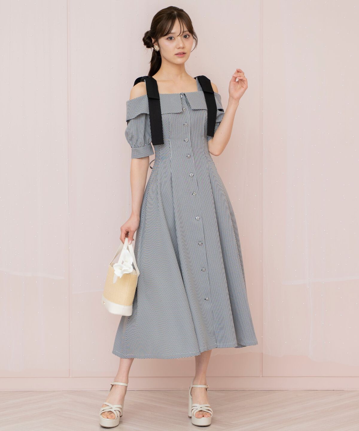 WILLSELECTION「リボンストラップオフショルワンピース」|ワンピース|黒系チェック