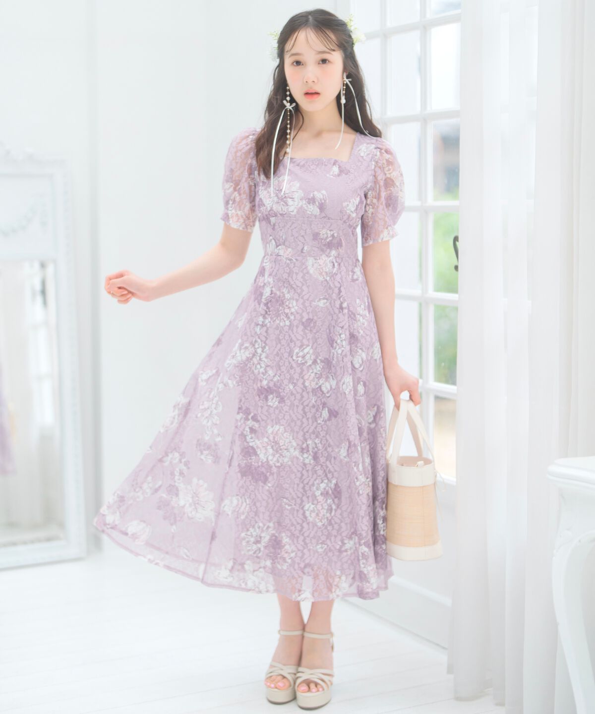 WILLSELECTION「ニュアンスフラワーレースプリントワンピース」|ワンピース|