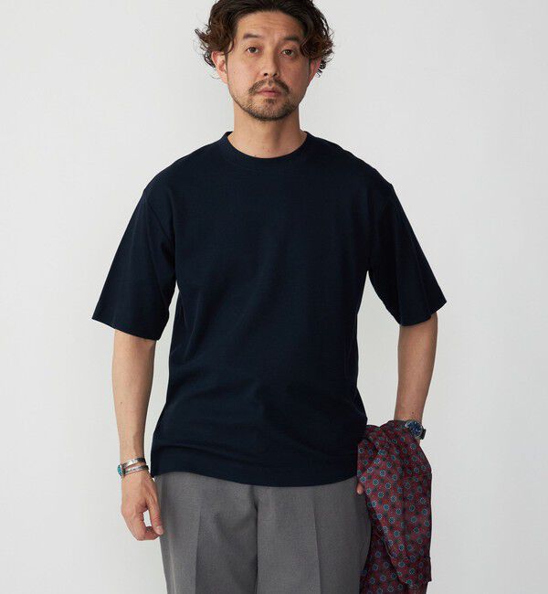 SHIPS「SHIPS:〈接触冷感〉トリコット ジャカード クルーネック Tシャツ」|Tシャツ・カットソー|ネイビー