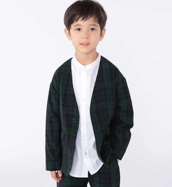 SHIPS KIDS「SHIPS KIDS:100～130cm /〈多機能〉ブラックウォッチ ノーラペル ジャケット」|ノーカラージャケット|グリーン