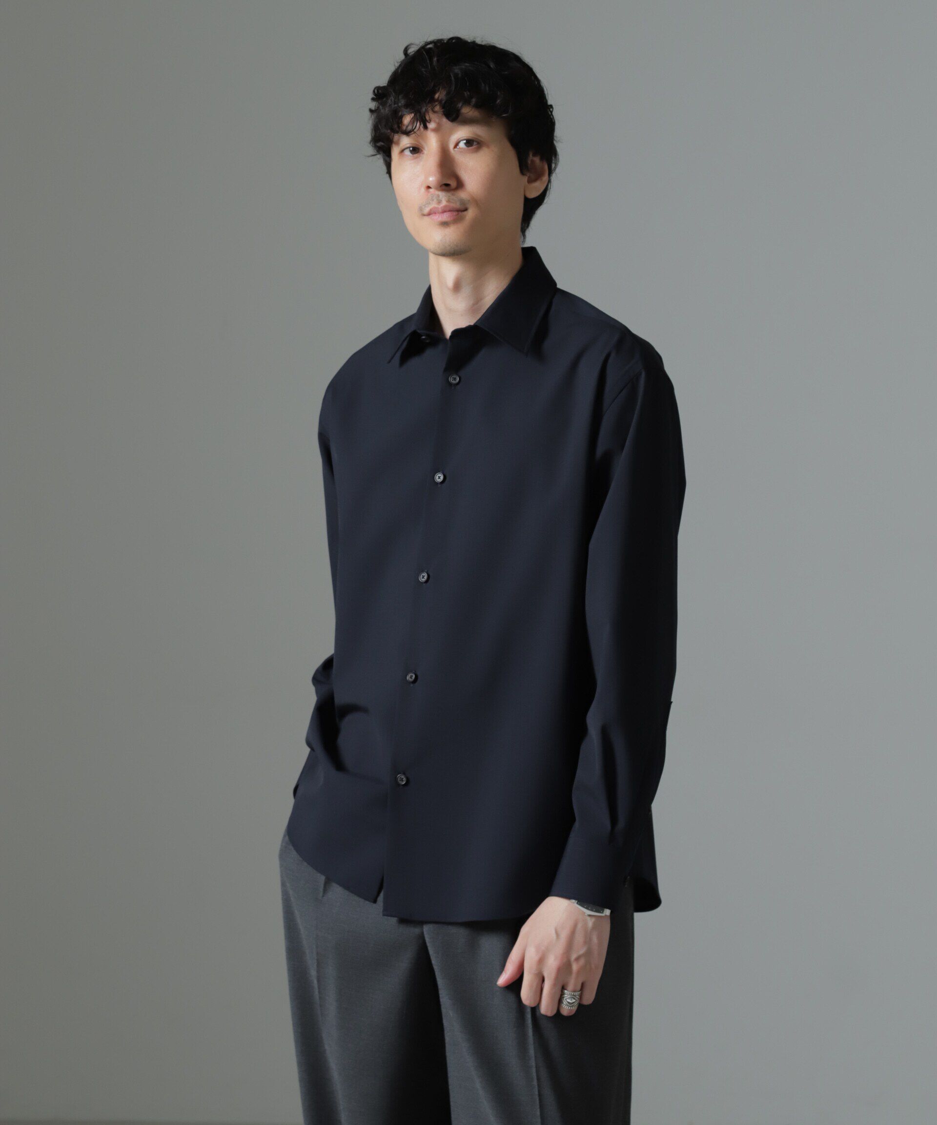 nano･universe「ウールブレンドウォッシャブルセミワイドカラーシャツ」|シャツ・ブラウス|ネイビー