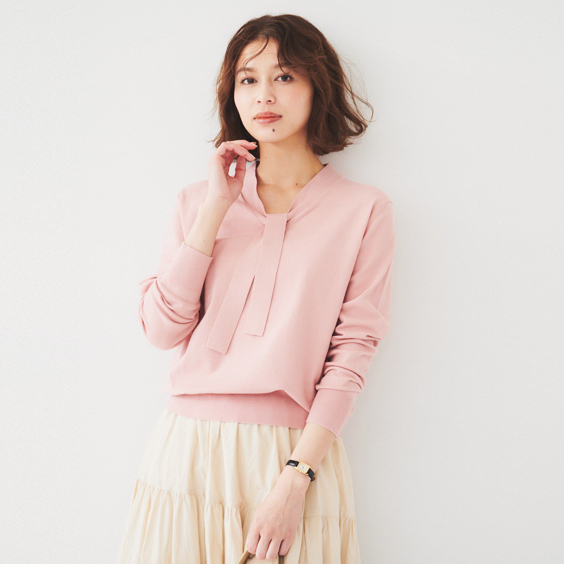 UNTITLED「【アンサンブル可能】ボウタイ 配色プルオーバーニット」|ニット・セーター|ピンク(071)