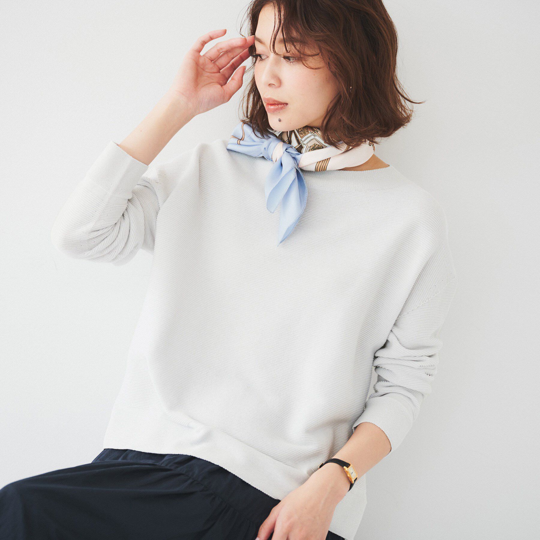 UNTITLED「【体型カバー/春素材】コットン混 ガーターニット」|ニット・セーター|ライトグレー(011