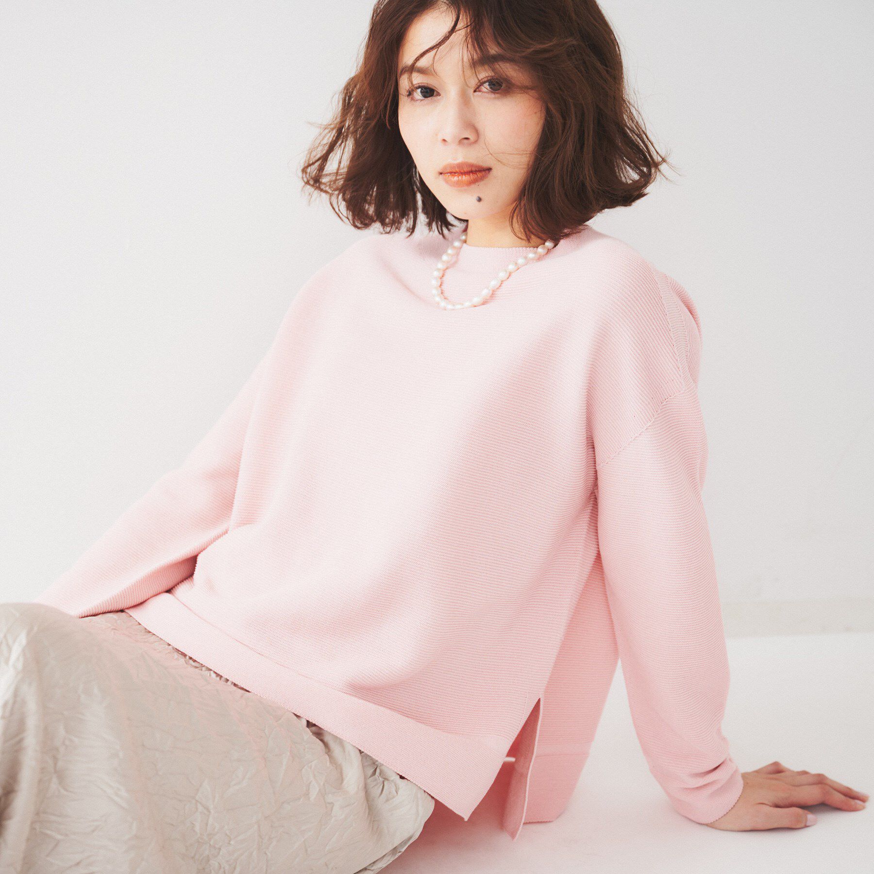 UNTITLED「【体型カバー/春素材】コットン混 ガーターニット」|ニット・セーター|ピンク(071)