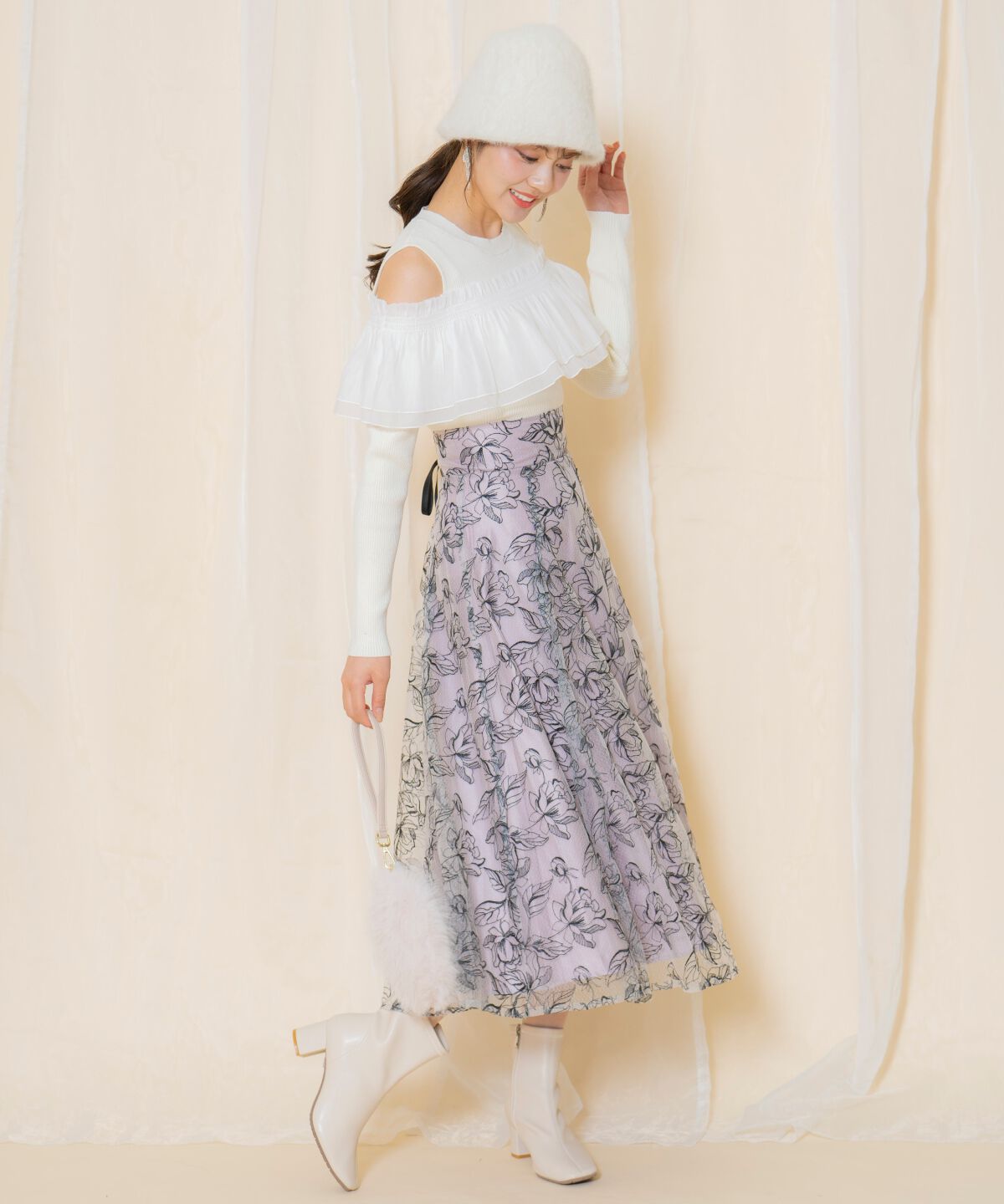 WILLSELECTION「ラインフラワー刺繍スカート」|フレア|