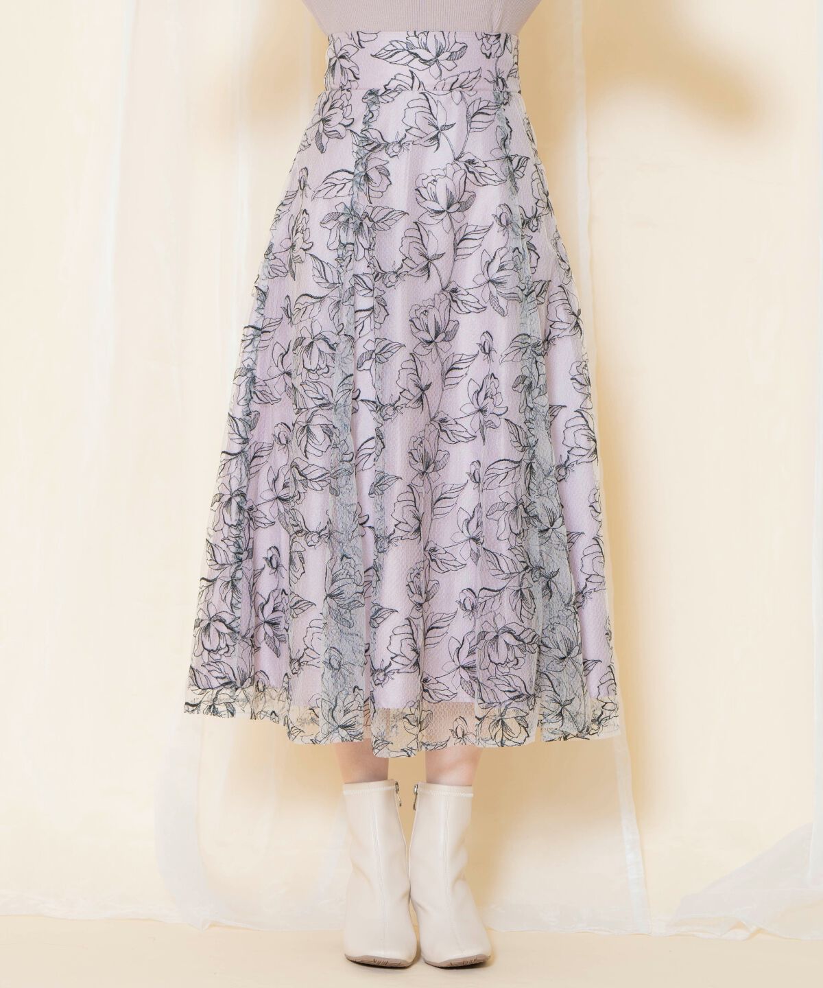 WILLSELECTION「ラインフラワー刺繍スカート」|フレア|