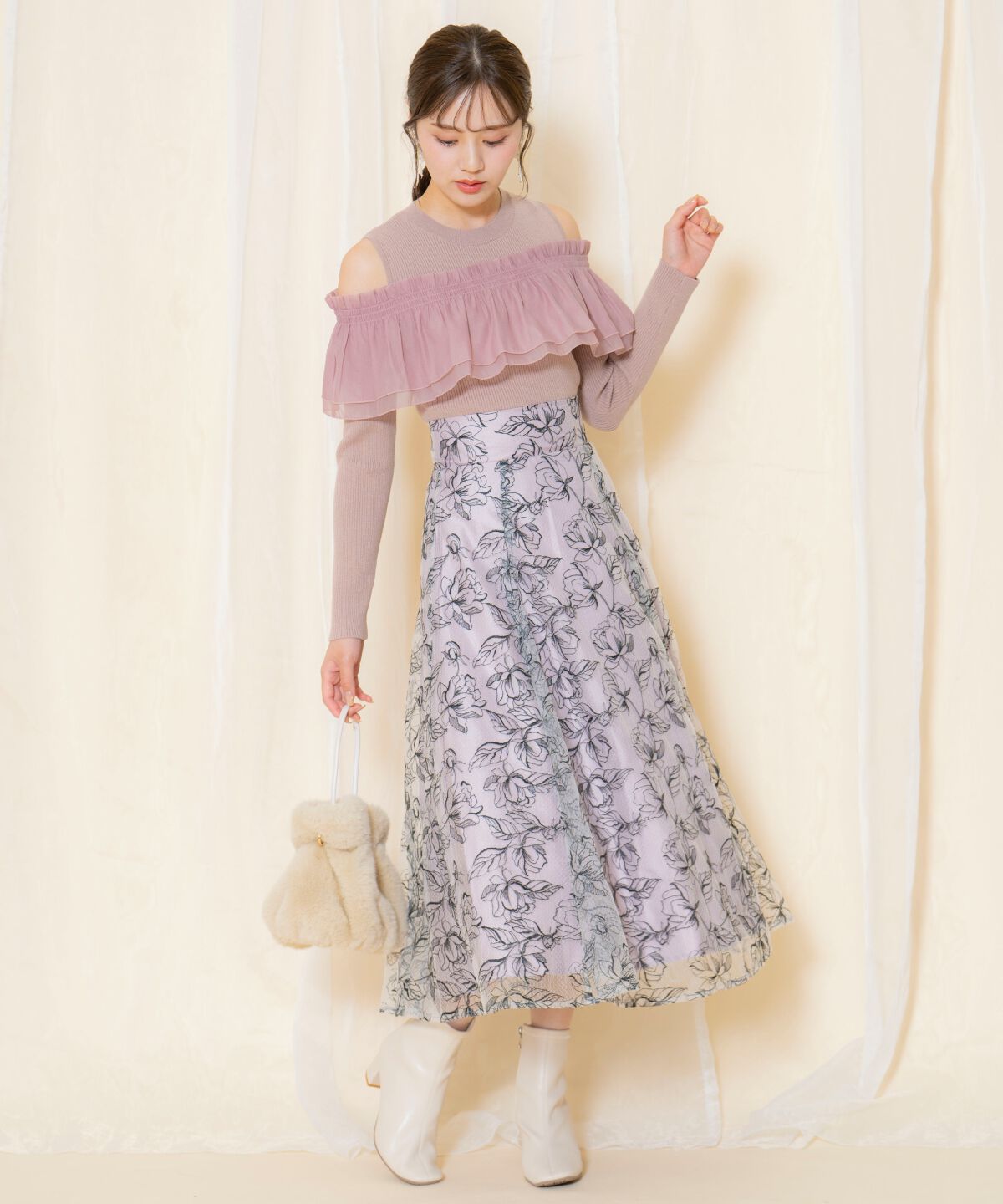 WILLSELECTION「ラインフラワー刺繍スカート」|フレア|