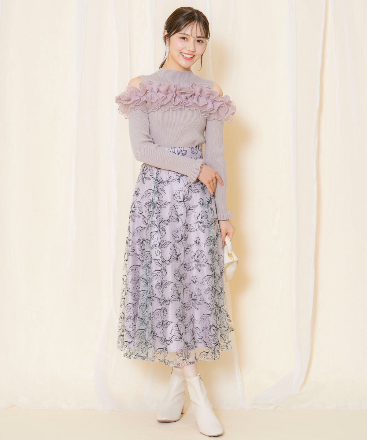 WILLSELECTION「ラインフラワー刺繍スカート」|フレア|