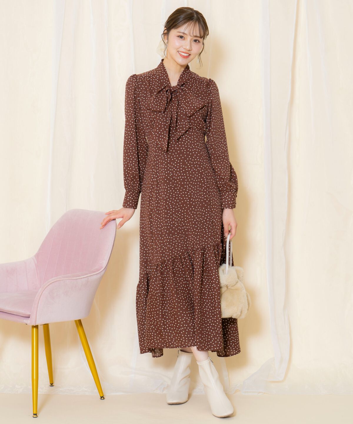 WILLSELECTION「ドット柄ギャザーヘムボウタイワンピース」|ワンピース|