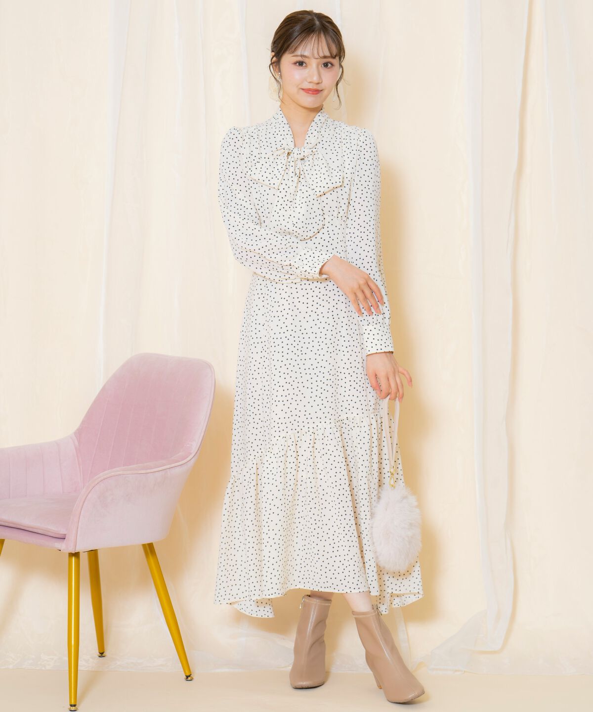 WILLSELECTION「ドット柄ギャザーヘムボウタイワンピース」|ワンピース|