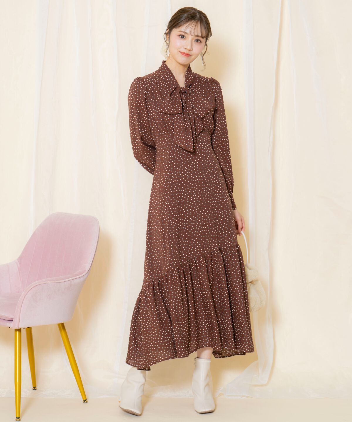 WILLSELECTION「ドット柄ギャザーヘムボウタイワンピース」|ワンピース|