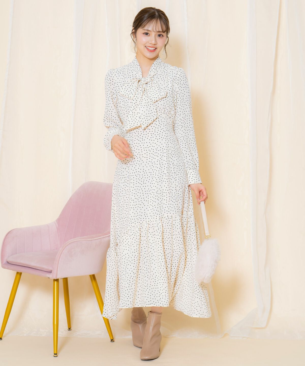 WILLSELECTION「ドット柄ギャザーヘムボウタイワンピース」|ワンピース|