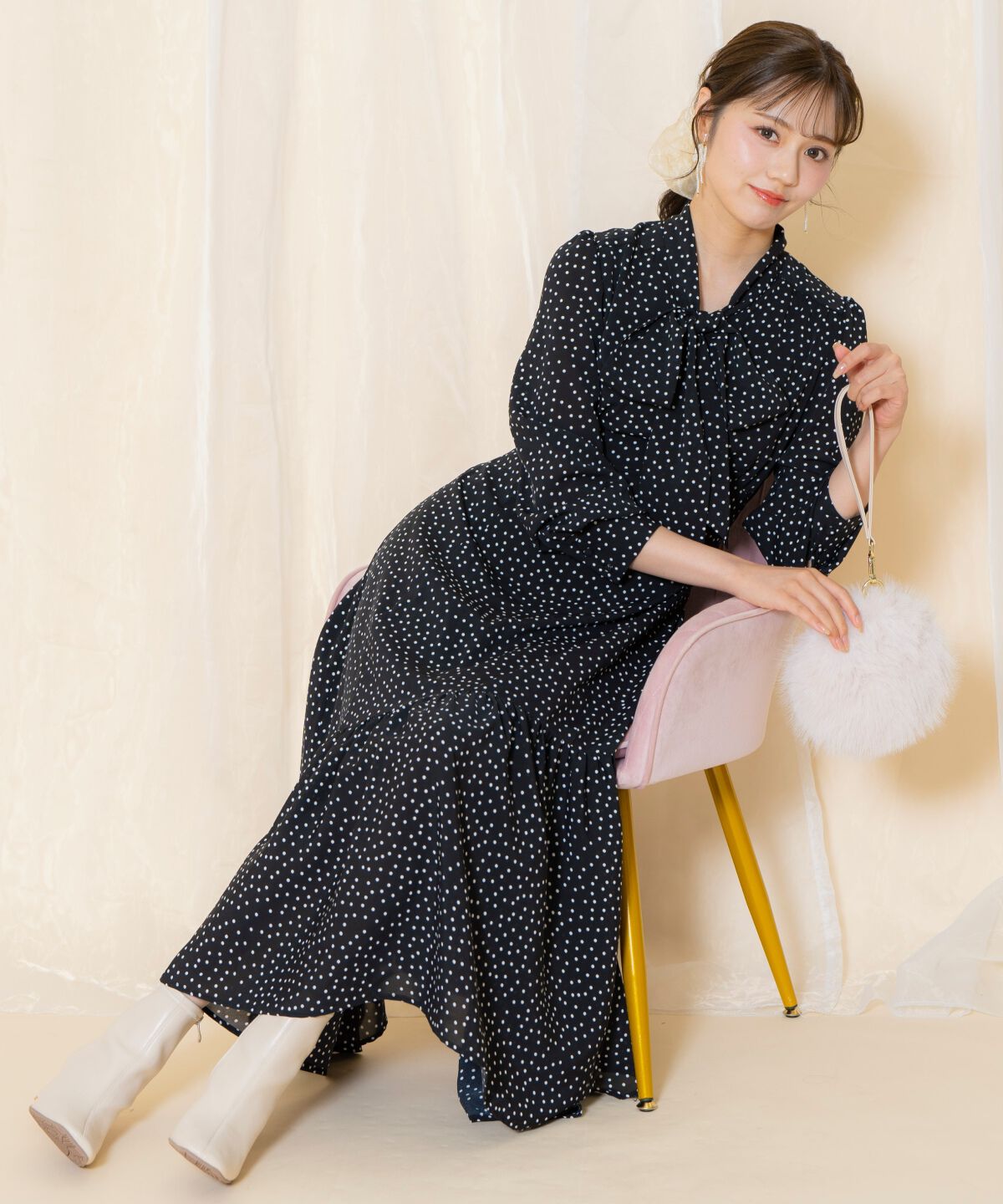 WILLSELECTION「ドット柄ギャザーヘムボウタイワンピース」|ワンピース|黒系水玉