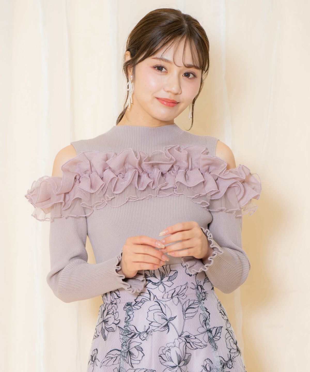 WILLSELECTION「オープンショルダーフリルトップス」|ニット・セーター|ピンク