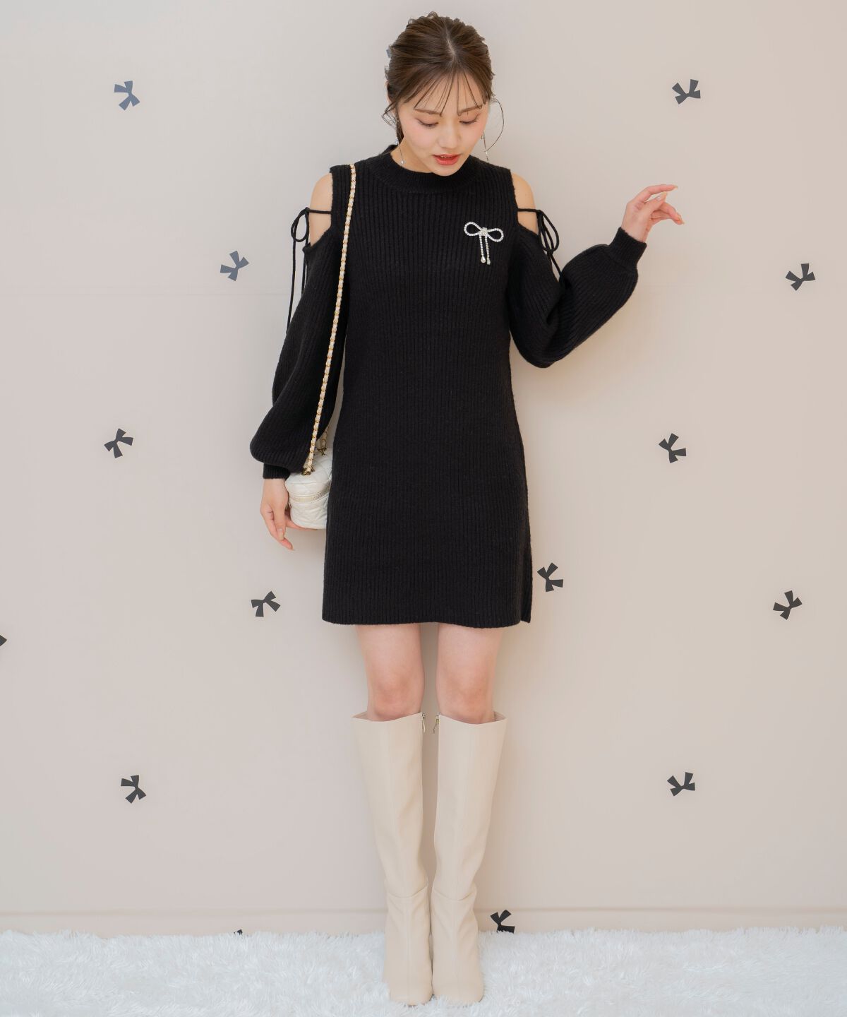 WILLSELECTION「オープンショルダーリブニットワンピース」|ワンピース|