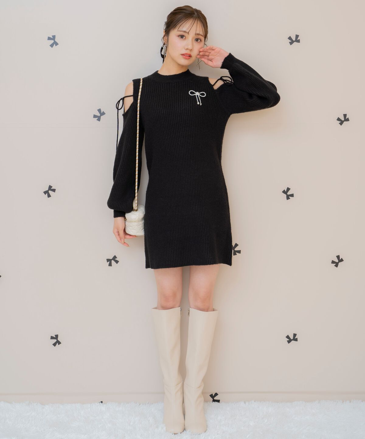 WILLSELECTION「オープンショルダーリブニットワンピース」|ワンピース|