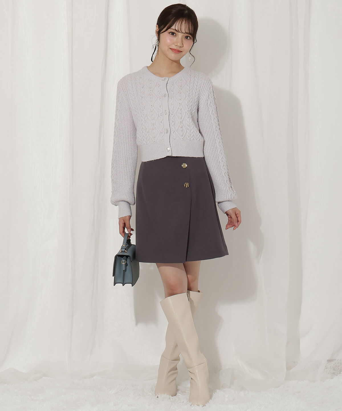 WILLSELECTION「ゴールドボタンアシメミニスカート」|台形|ﾁｬｺｰﾙｸﾞﾚｰ