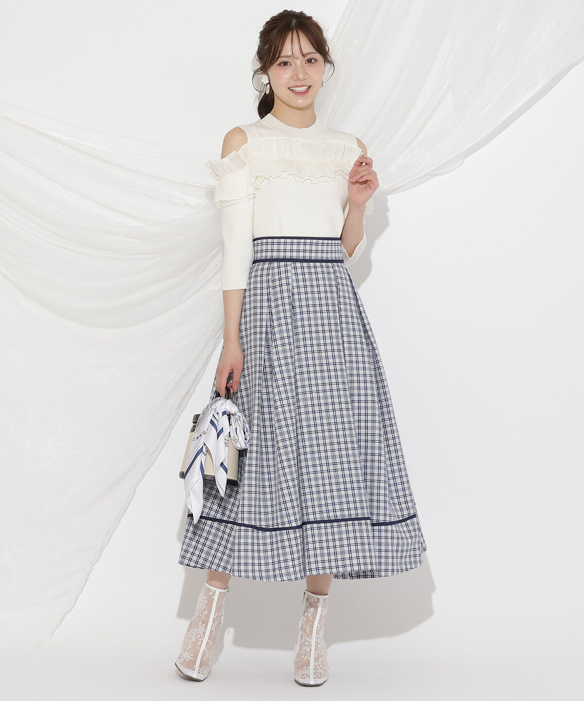 WILLSELECTION「パイピングデザインタックスカート」|フレア|紺系チェック