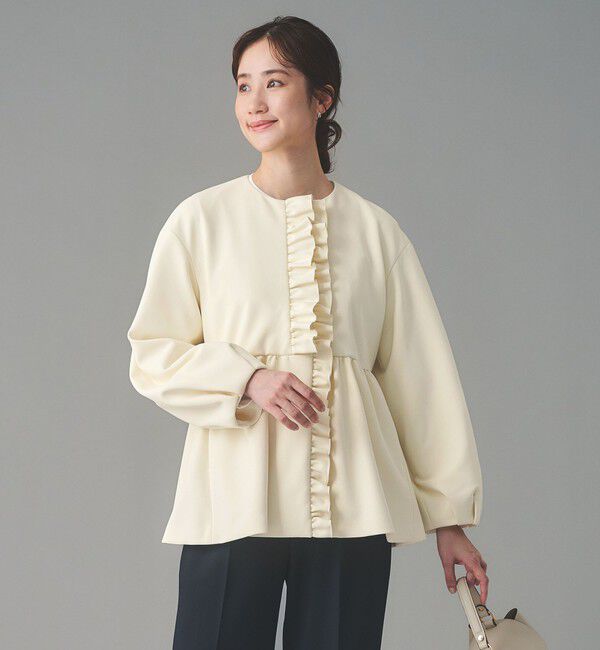 UNITED ARROWS「SPONGY フリル ペプラム ジャケット」|ノーカラージャケット|OFF WHITE