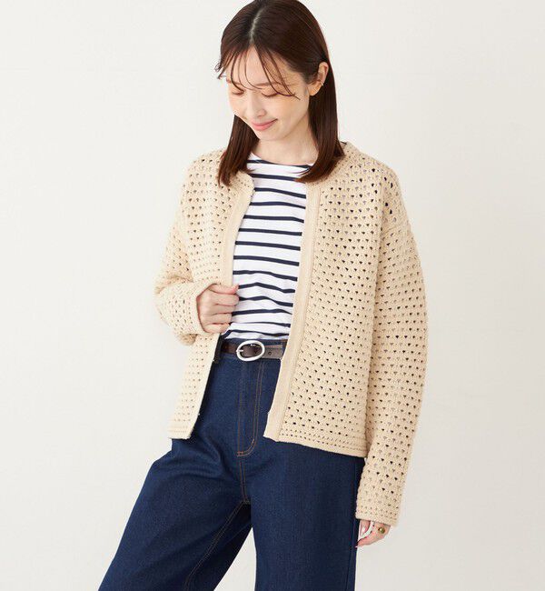 SHIPS Colors 「SHIPS Colors:〈手洗い可能〉柄編み ノーカラー ニット ジャケット」|カーディガン|ベージュ