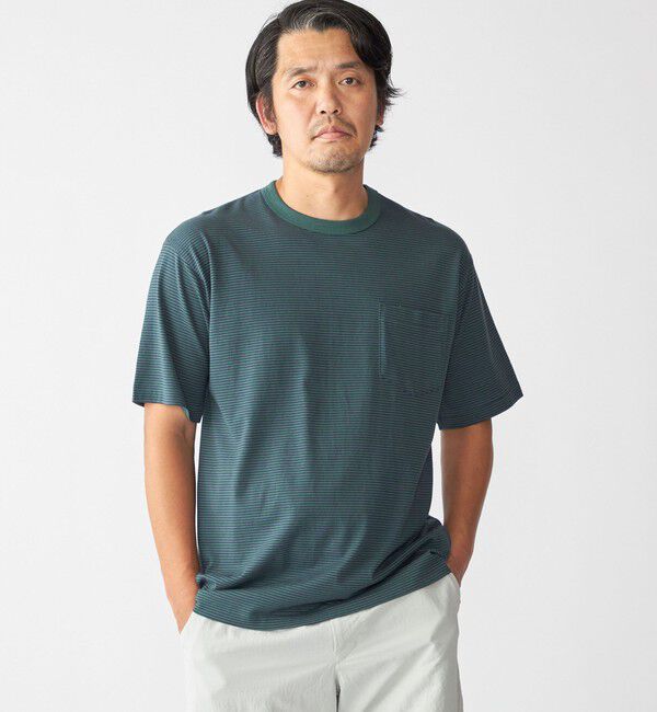 SHIPS「SHIPS: マイクロ ボーダー リンガー Tシャツ」|Tシャツ・カットソー|グリーン