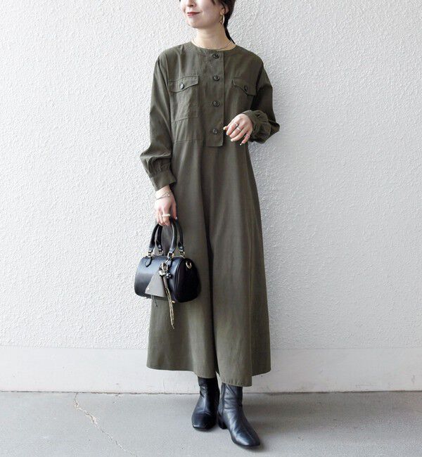 SHIPS any「SHIPS any:〈洗濯機可能〉ピーチスキン クルーネック ポケット フレア ワンピース」|ワンピース|オリーブ系