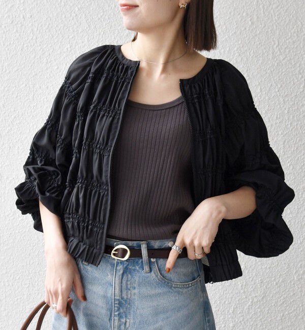 SHIPS any「《予約》SHIPS any:〈洗濯機可能〉シアー ギャザー フリル ブルゾン」|ブルゾン・スタジャン|ブラック