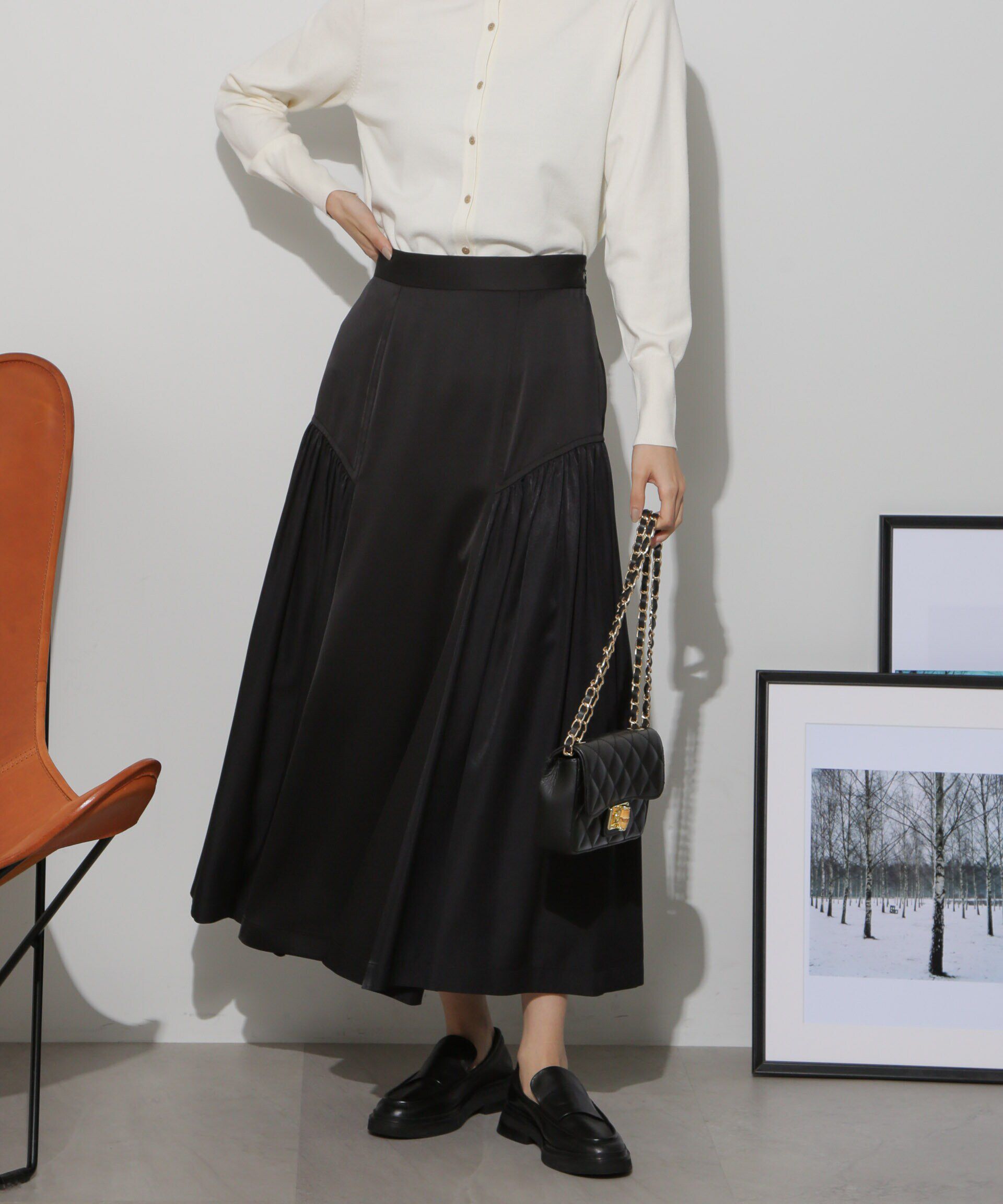 nano･universe「サイド切り替えサテンスカート」|スカート|ブラック