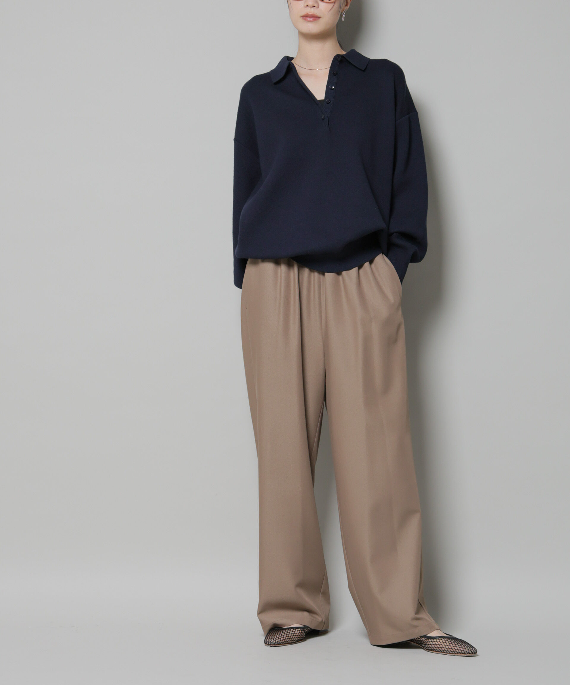 nano･universe「ウエストシャーリングゴムTRワイドパンツ」|チノ|ベージュ