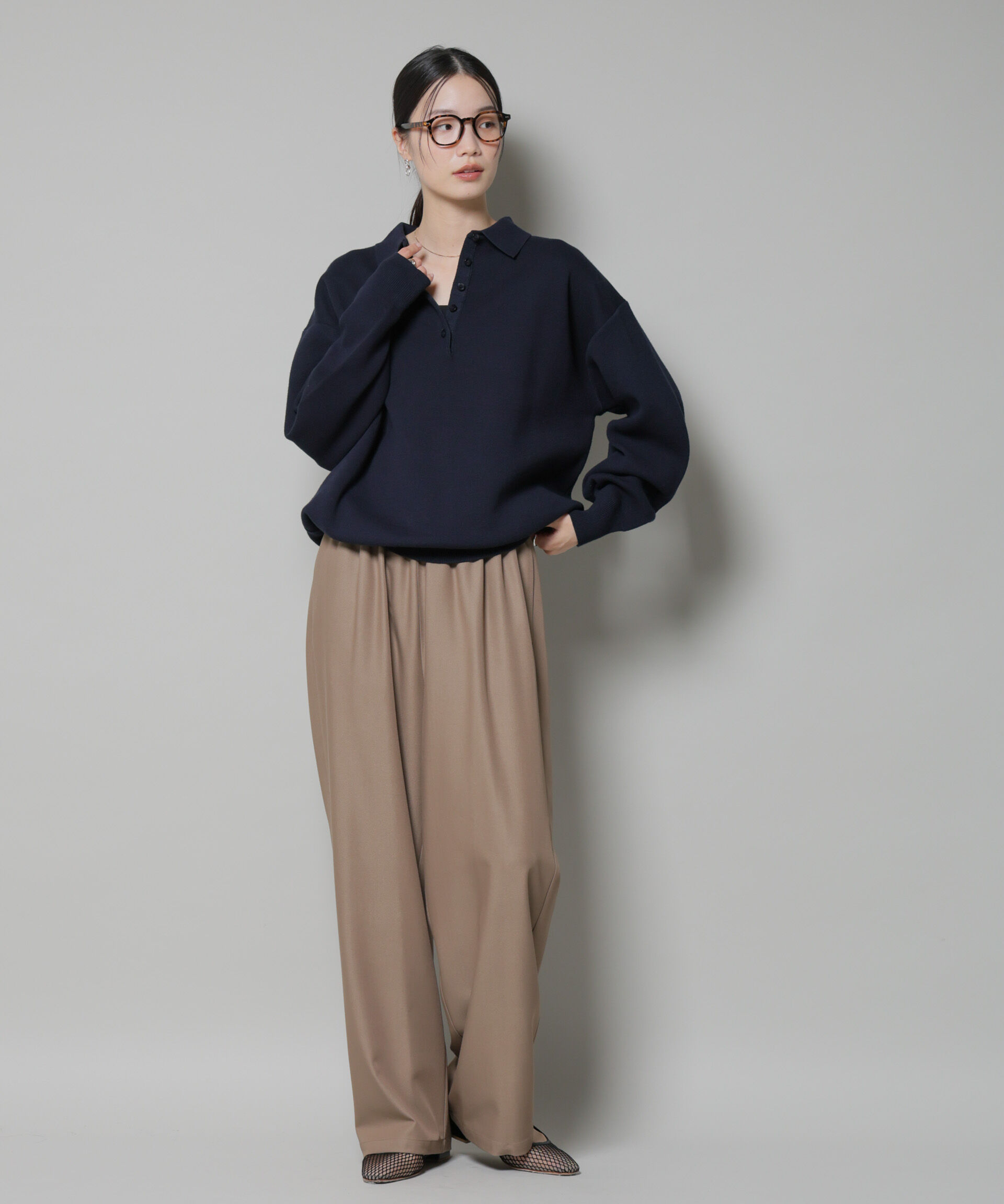 nano･universe「ウエストシャーリングゴムTRワイドパンツ」|チノ|