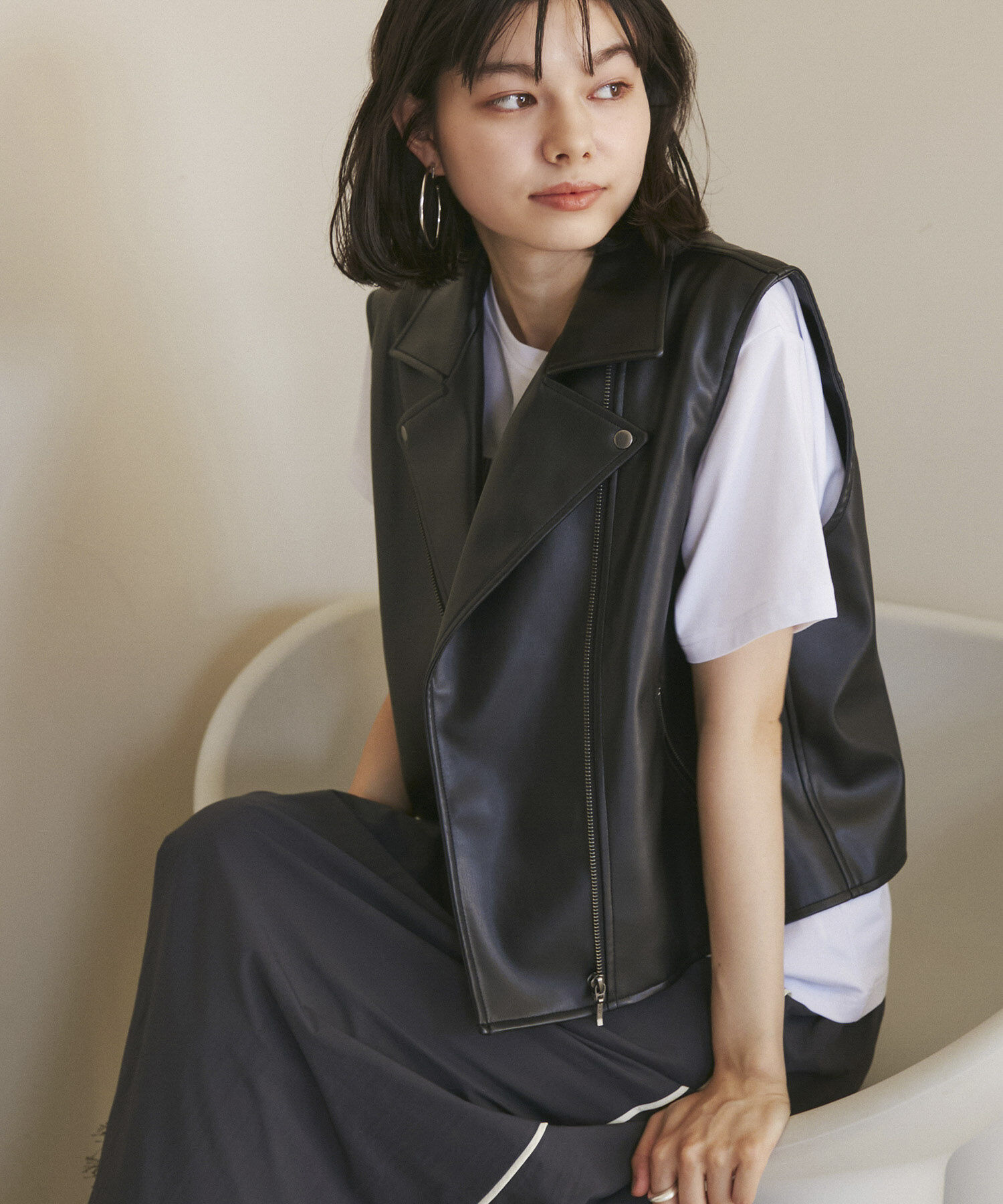 ROPE' PICNIC R「シンセティックレザーノースリーブジャケット」|ライダースジャケット|