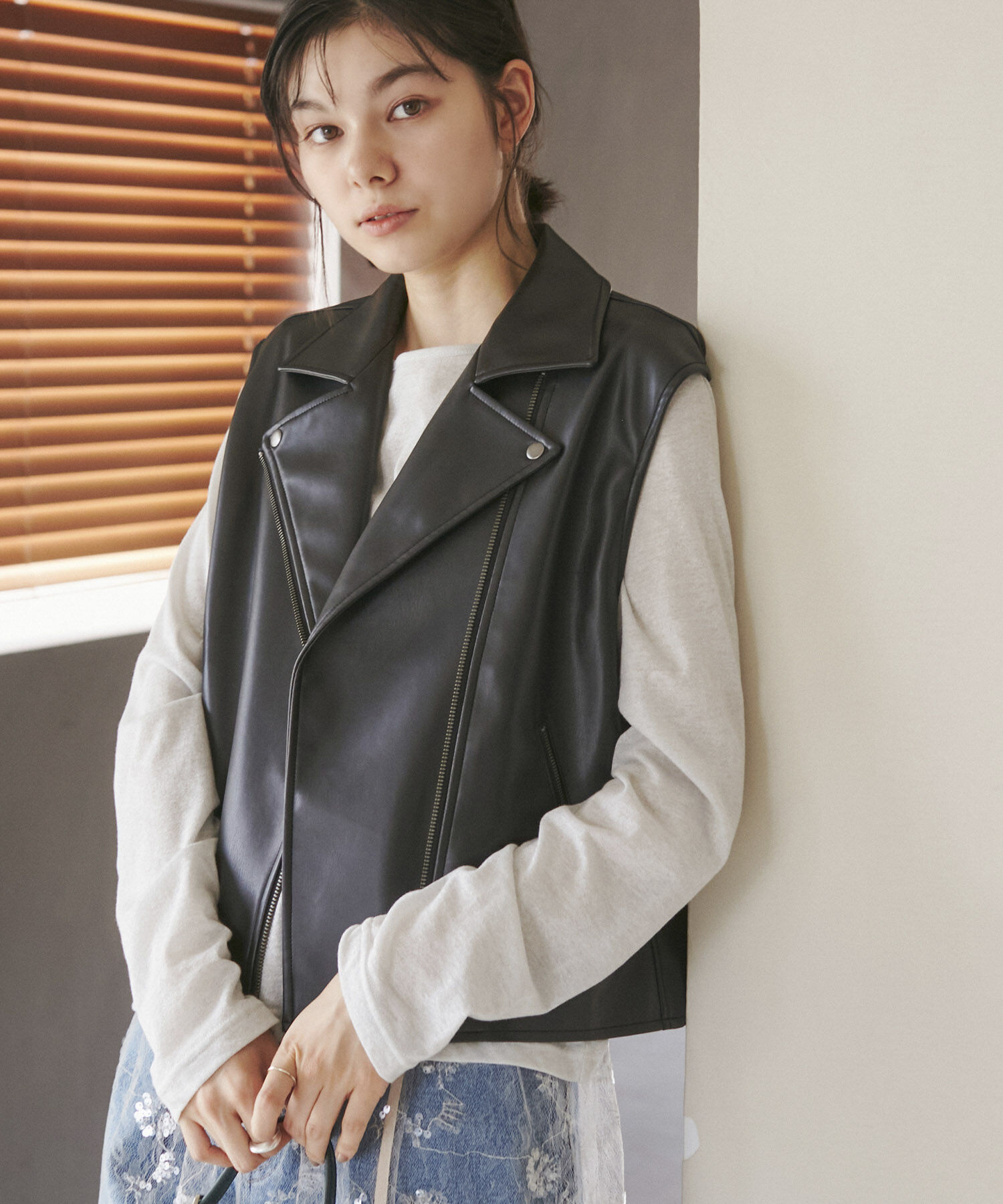 ROPE' PICNIC R「シンセティックレザーノースリーブジャケット」|ライダースジャケット|