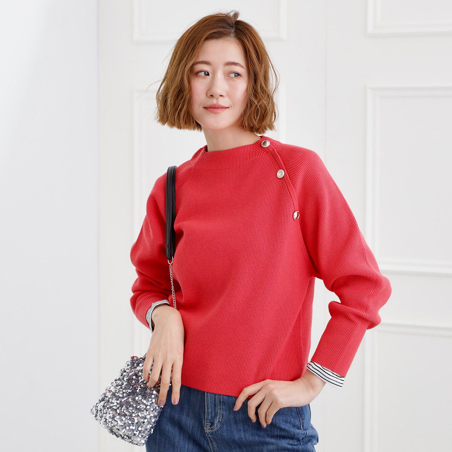 grove「ラグランスリーブ肩釦ニット」|ニット・セーター|