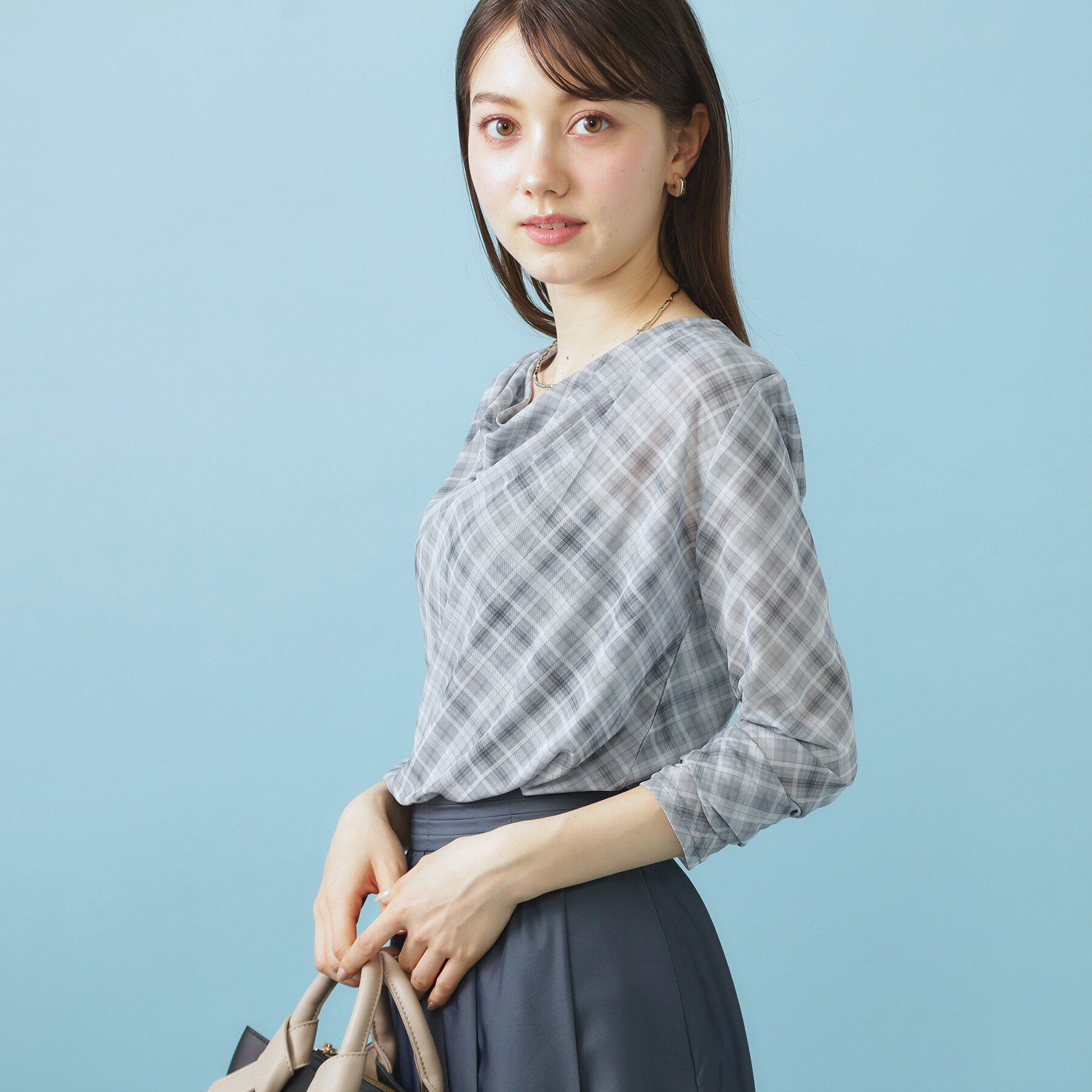 index「シアーチェックドレープネックトップス【洗濯機OK】」|Tシャツ・カットソー|