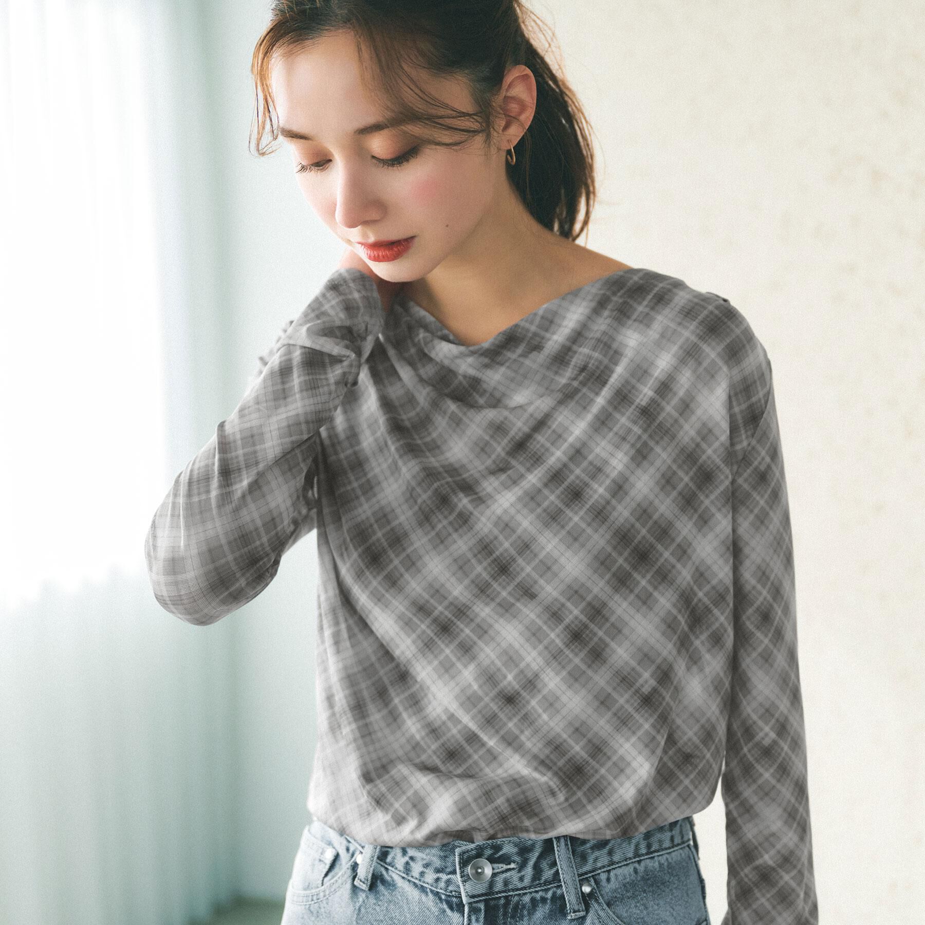 index「シアーチェックドレープネックトップス【洗濯機OK】」|Tシャツ・カットソー|