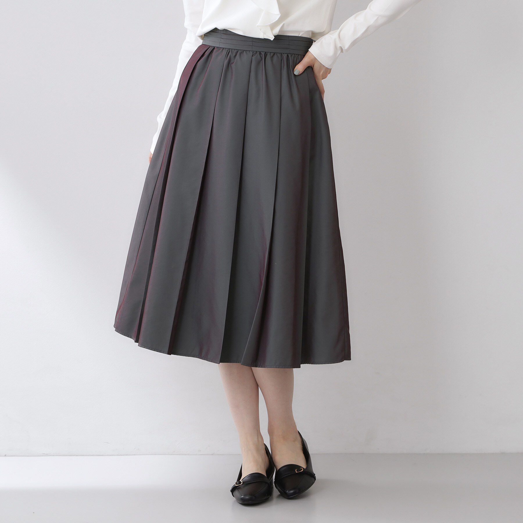 index「ポリシャンブレータックフレアスカート【洗濯機OK】」|スカート|グリーン(023)