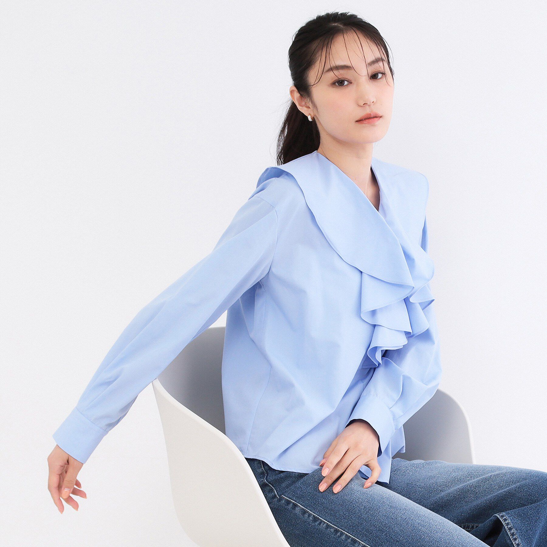 OPAQUE.CLIP「フロントフリルブラウス【洗濯機OK】」|シャツ・ブラウス|ブルー(091)