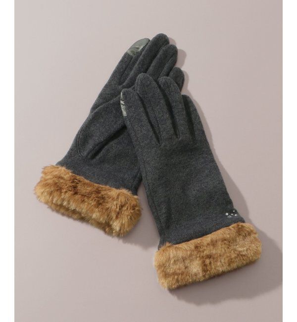 ikka「フェイクファー付きジャージグローブ」|手袋|チャコール