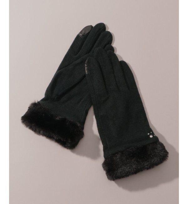 ikka「フェイクファー付きジャージグローブ」|手袋|ブラック