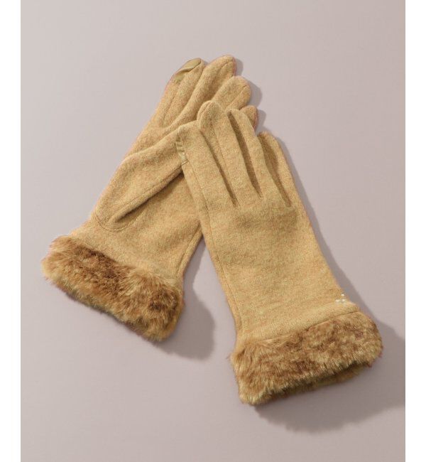 ikka「フェイクファー付きジャージグローブ」|手袋|キャメル
