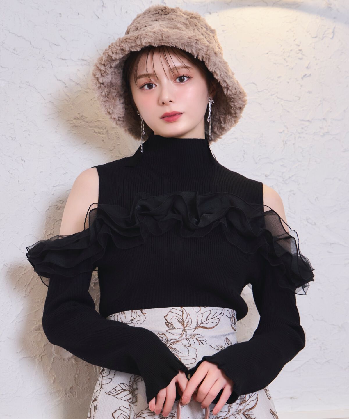 WILLSELECTION「オープンショルダーフリルトップス」|ニット・セーター|ブラック