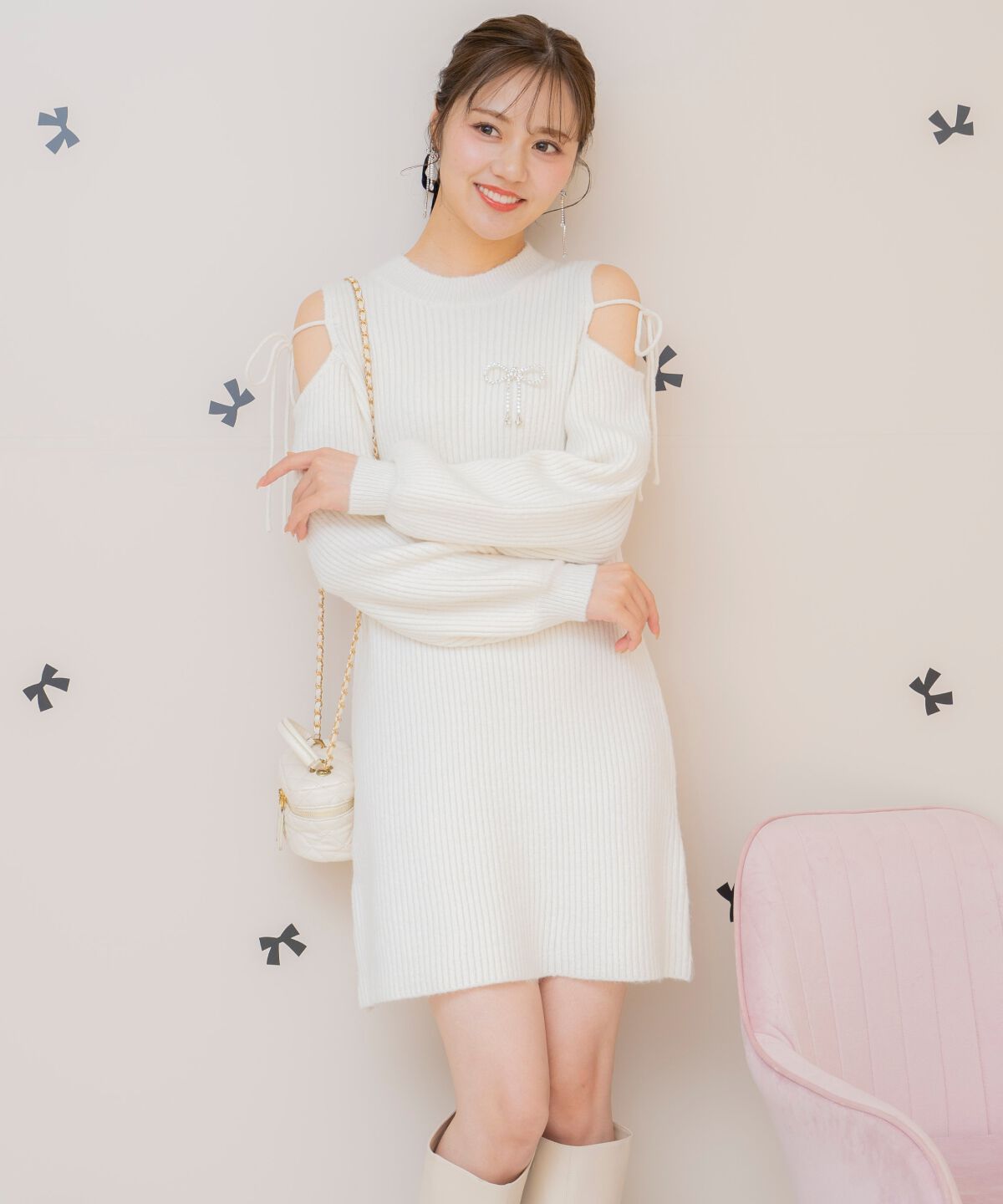 WILLSELECTION「オープンショルダーリブニットワンピース」|ワンピース|オフ