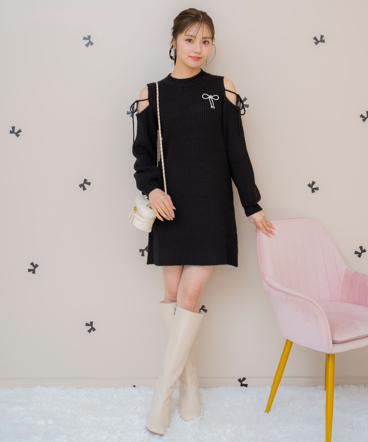 WILLSELECTION「オープンショルダーリブニットワンピース」|ワンピース|ブラック